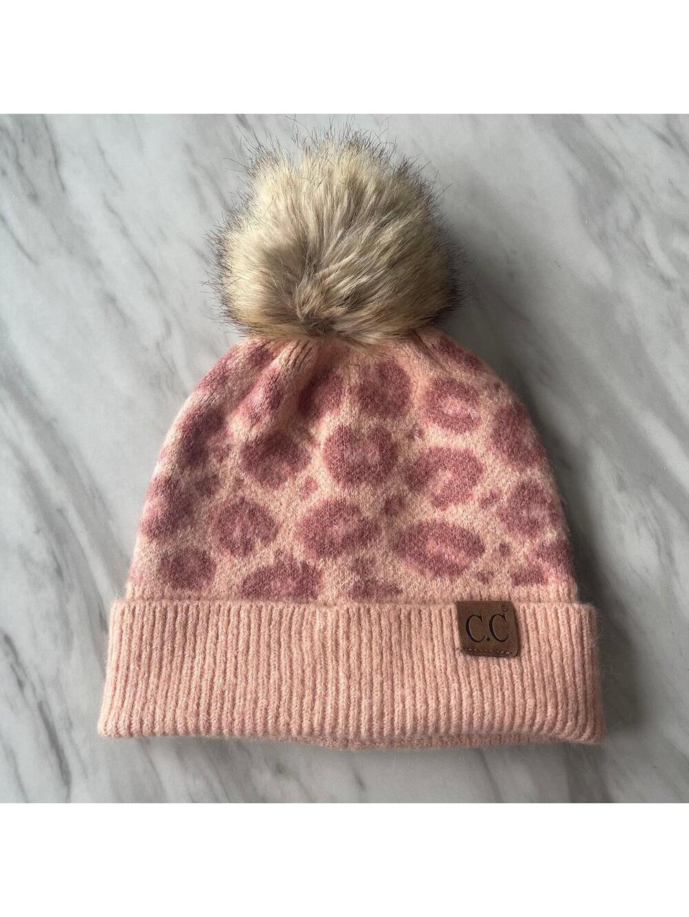 C.C Pink Leopard Pom Pom Winter Hat